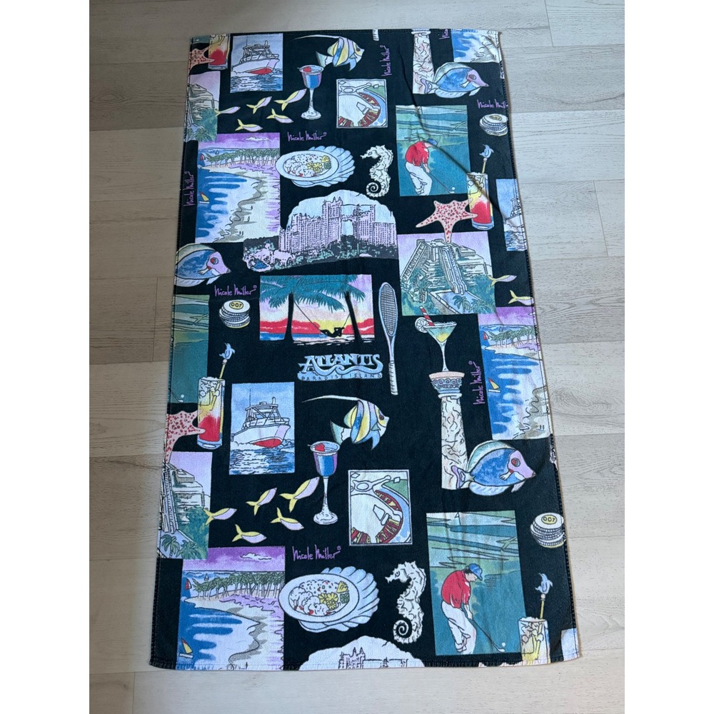 VTG Nicole Miller Atlantis Paradise Island Beach Towel Unisex 35x66 Black